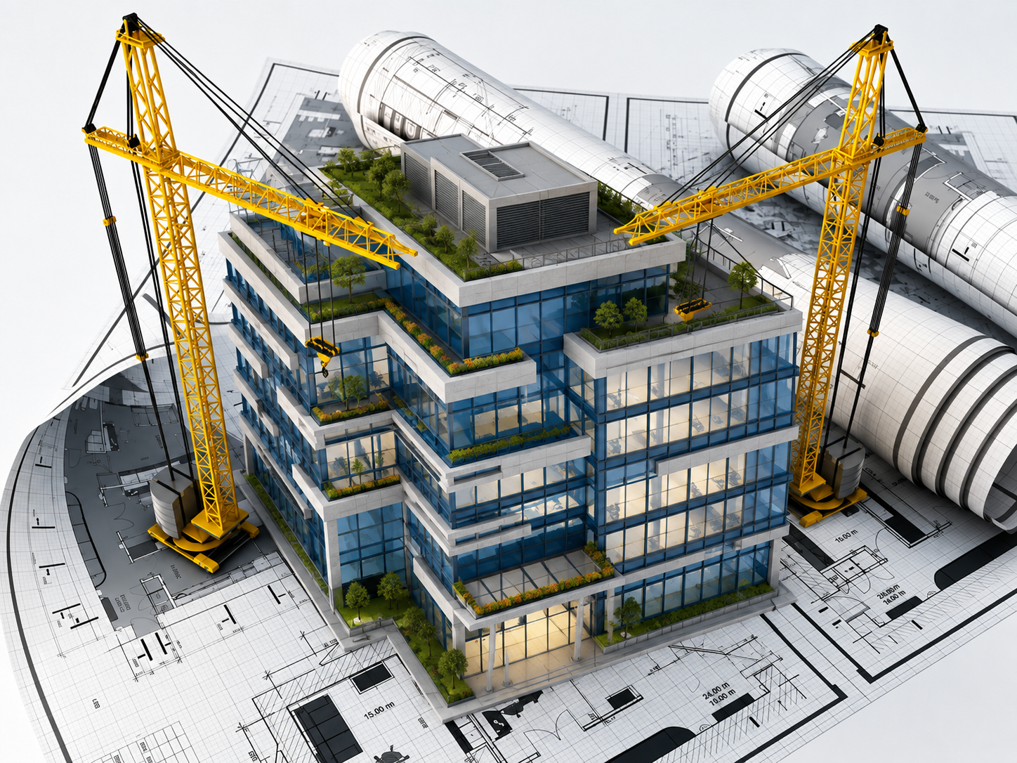 Building envelope under construction with architectural drawings — façade design and engineering illustration